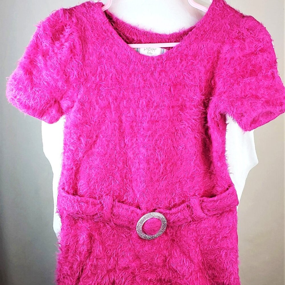 Piper Baby Sweater Dress Girls Size 4T Pink Fuzzy Short Sleeve Belt & Buckle
